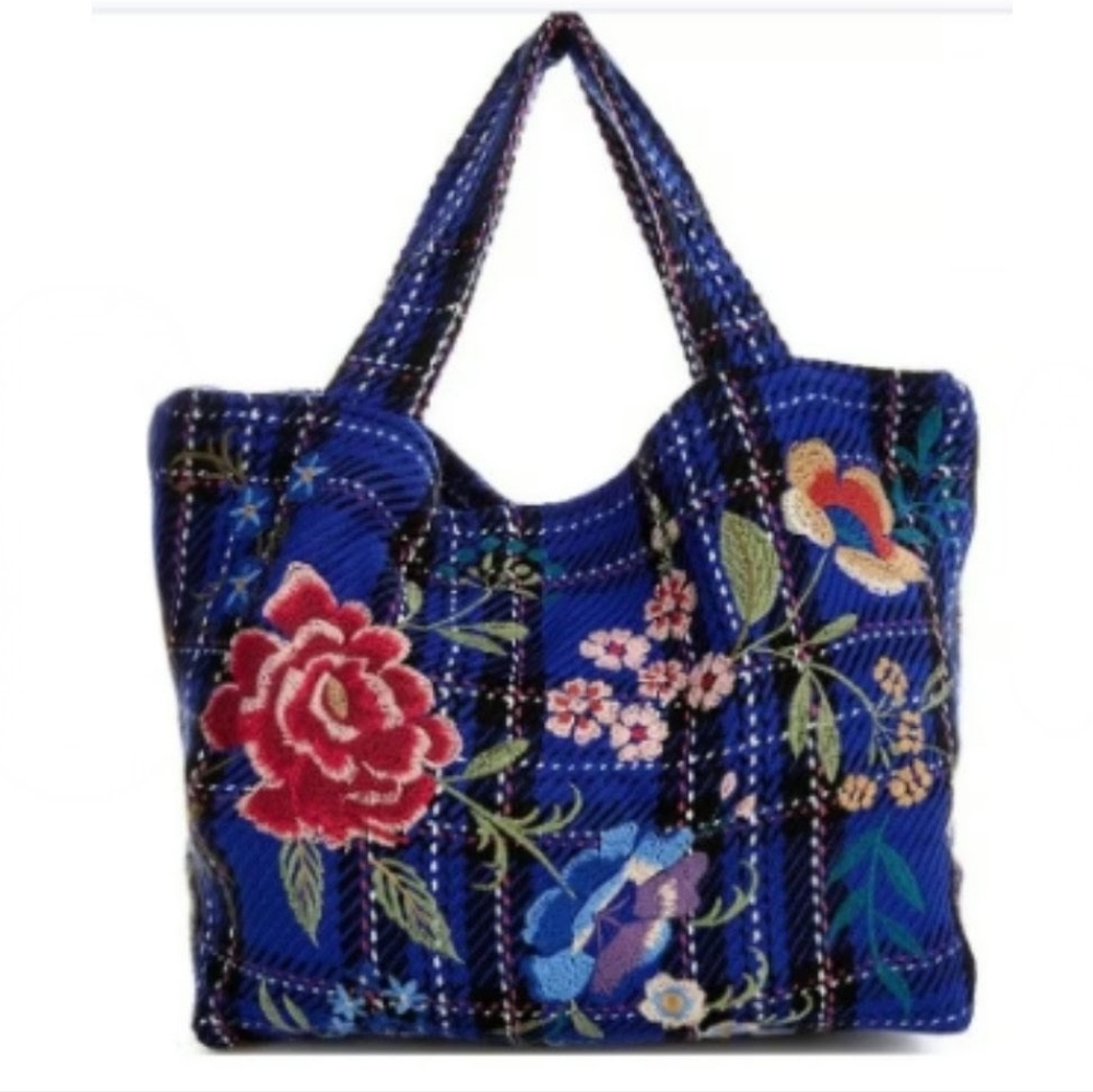 JOHNNY WAS Mila Oversized Floral Embroidered Hobo Plaid Blue Navy Red Tote NWT - Picture 6 of 12